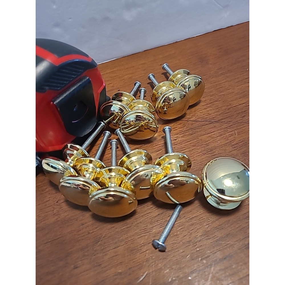 Lot‎ Of 10 Shiny Gold Brass Colored Round Cabinet Knob Pull 1-1/8" With Screws